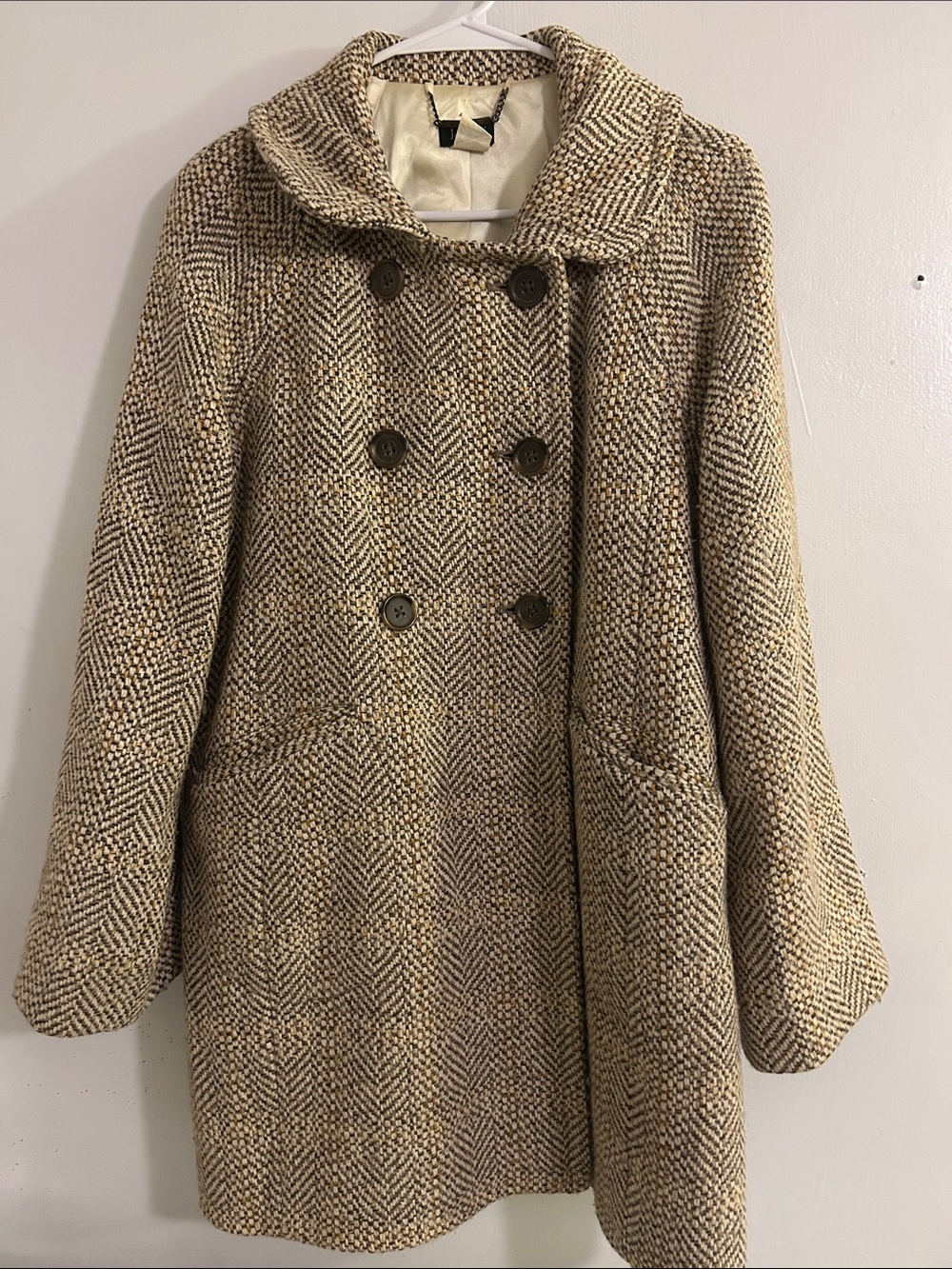 J. Crew Beige & Brown Herringbone Double-Breasted Pea Coat